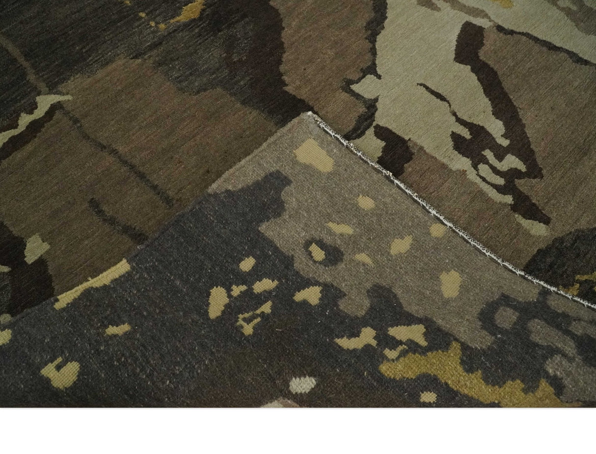 Charcoal, Brown, Beige and Olive Modern Abstract Hand loom 5x6.6 Wool And Art Silk Area Rug-Area Rug-Parc Decor