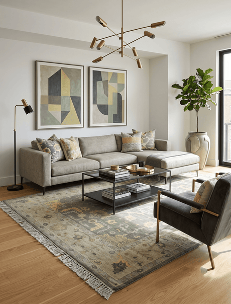Charcoal, Olive and Mustard Hand knotted Oriental Oushak Custom Made wool Area Rug