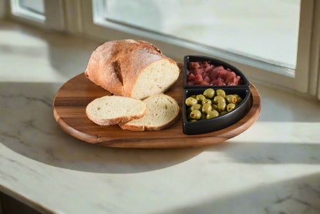 Charcuterie/ Serving Tray w/ 2 black triangular ceramic bowls-Serving Tray-Parc Decor