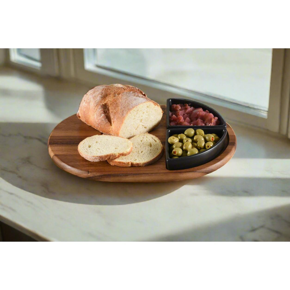 Charcuterie/ Serving Tray w/ 2 black triangular ceramic bowls