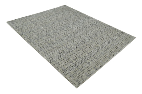Checkered 8x10 Hand Made Black and Beige Blended Wool Area Rug