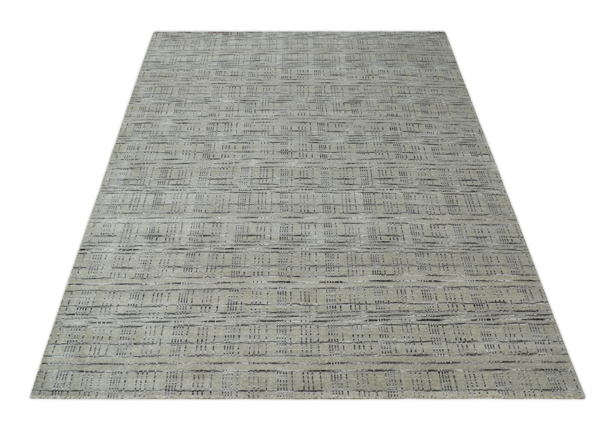 Checkered 8x10 Hand Made Black and Beige Blended Wool Area Rug