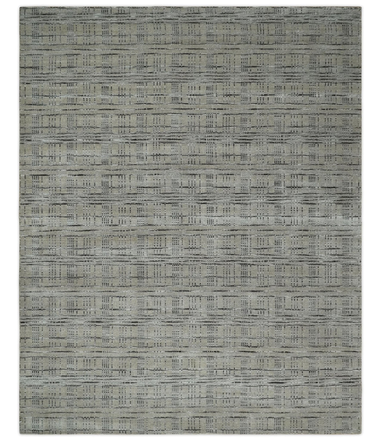 Checkered 8x10 Hand Made Black and Beige Blended Wool Area Rug