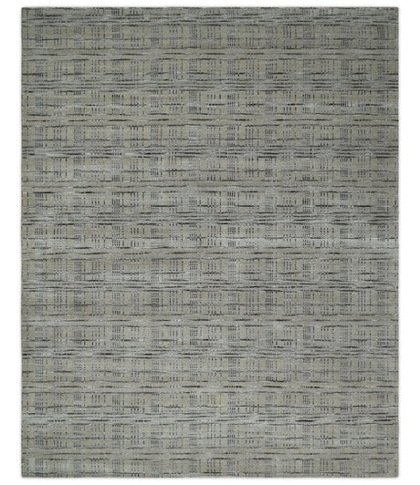 Checkered 8x10 Hand Made Black and Beige Blended Wool Area Rug