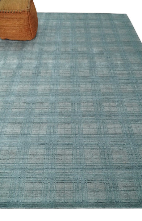 Checkered Blue and Gray 8x10 Hand Made Blended Wool Flatwoven Area Rug