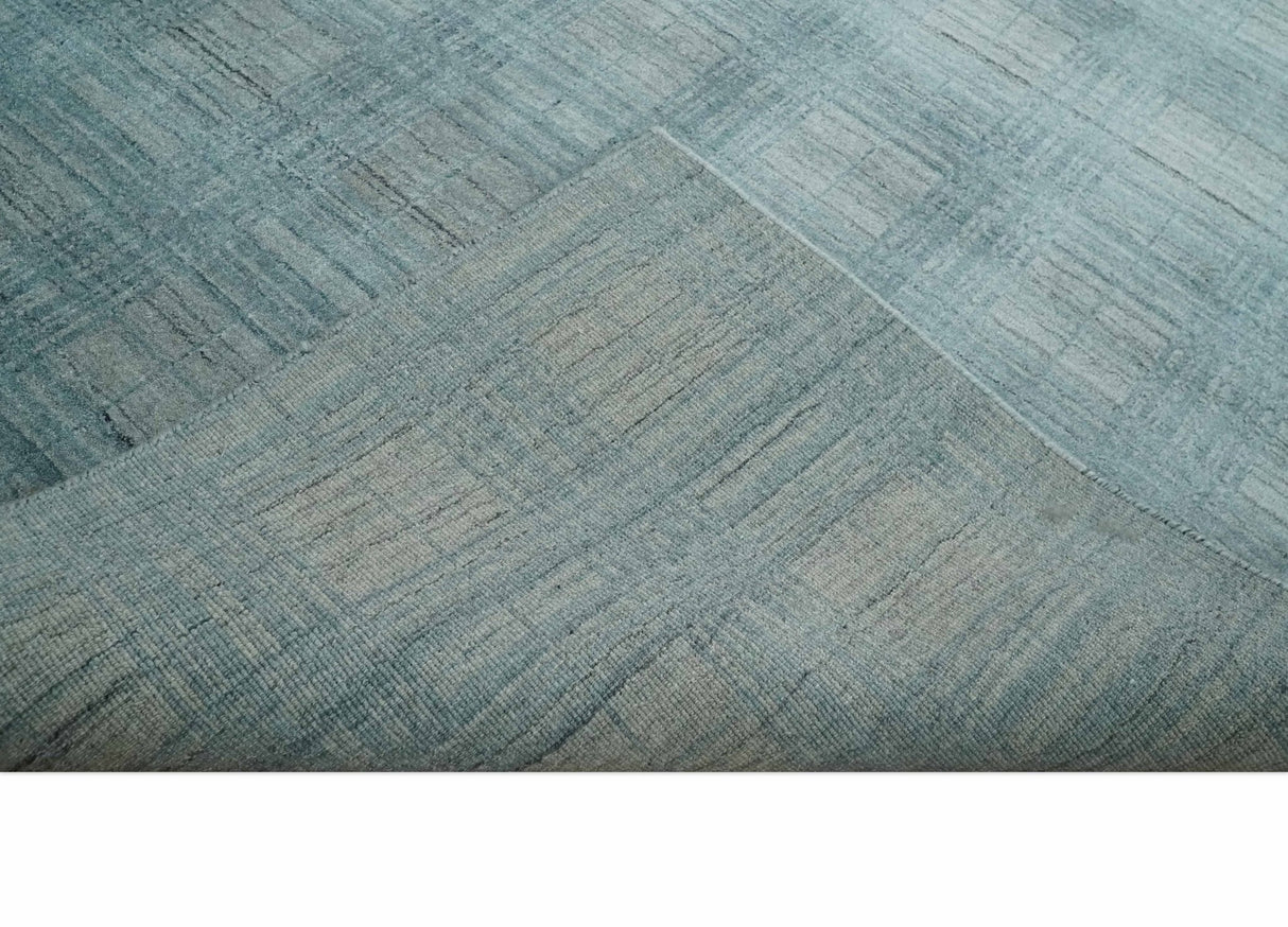 Checkered Blue and Gray 8x10 Hand Made Blended Wool Flatwoven Area Rug