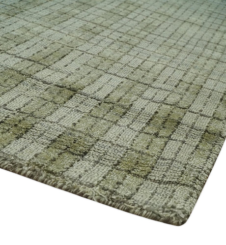 Checkered Olive Green & Beige 8x10 Hand Made Blended Wool Flatwoven Area Rug