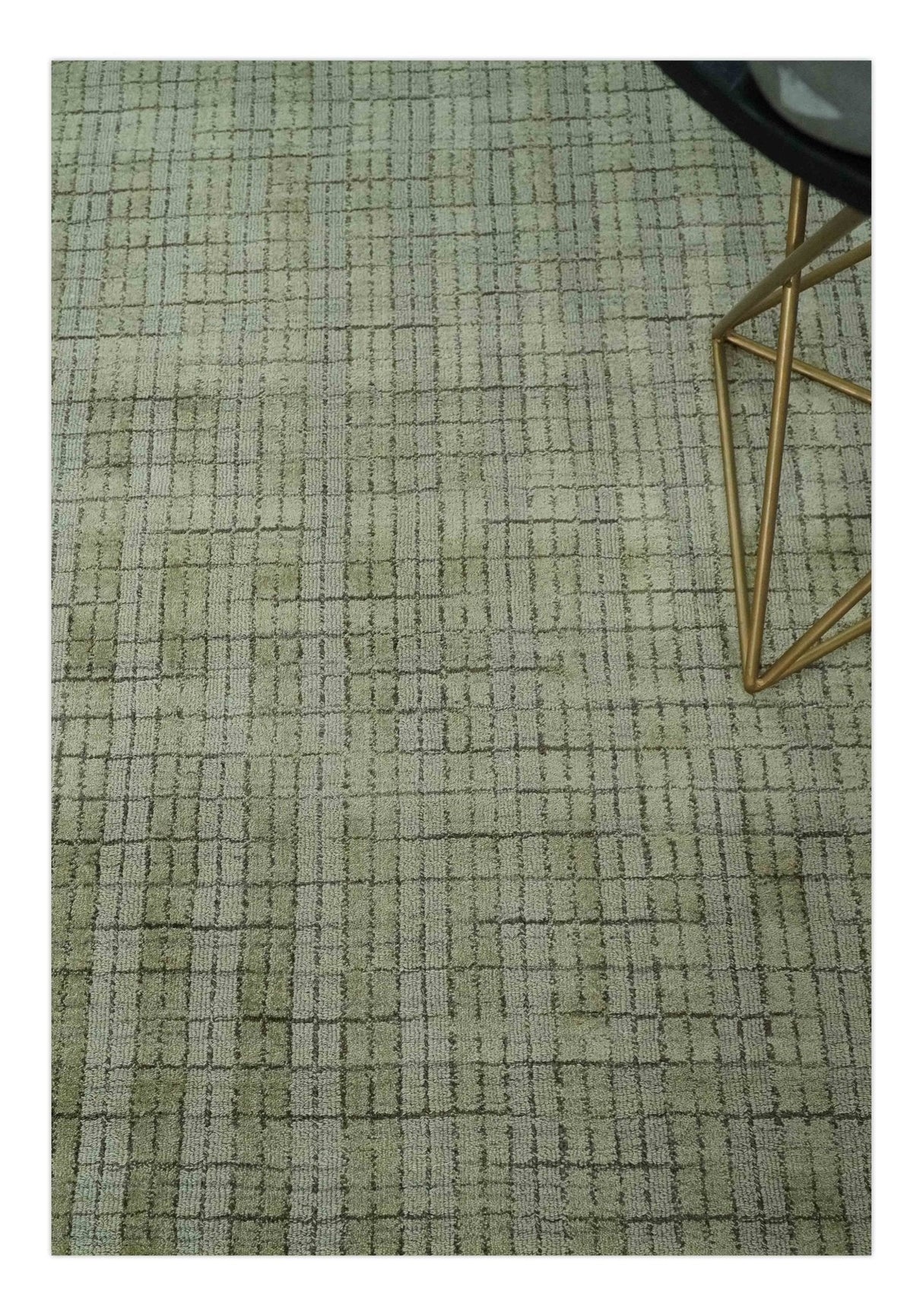 Checkered Olive Green & Beige 8x10 Hand Made Blended Wool Flatwoven Area Rug