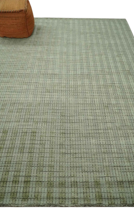 Checkered Olive Green & Beige 8x10 Hand Made Blended Wool Flatwoven Area Rug