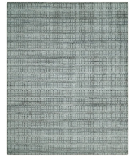 Checkered Silver, Brown and Gray 8x10 Hand Made Blended Wool Area Rug