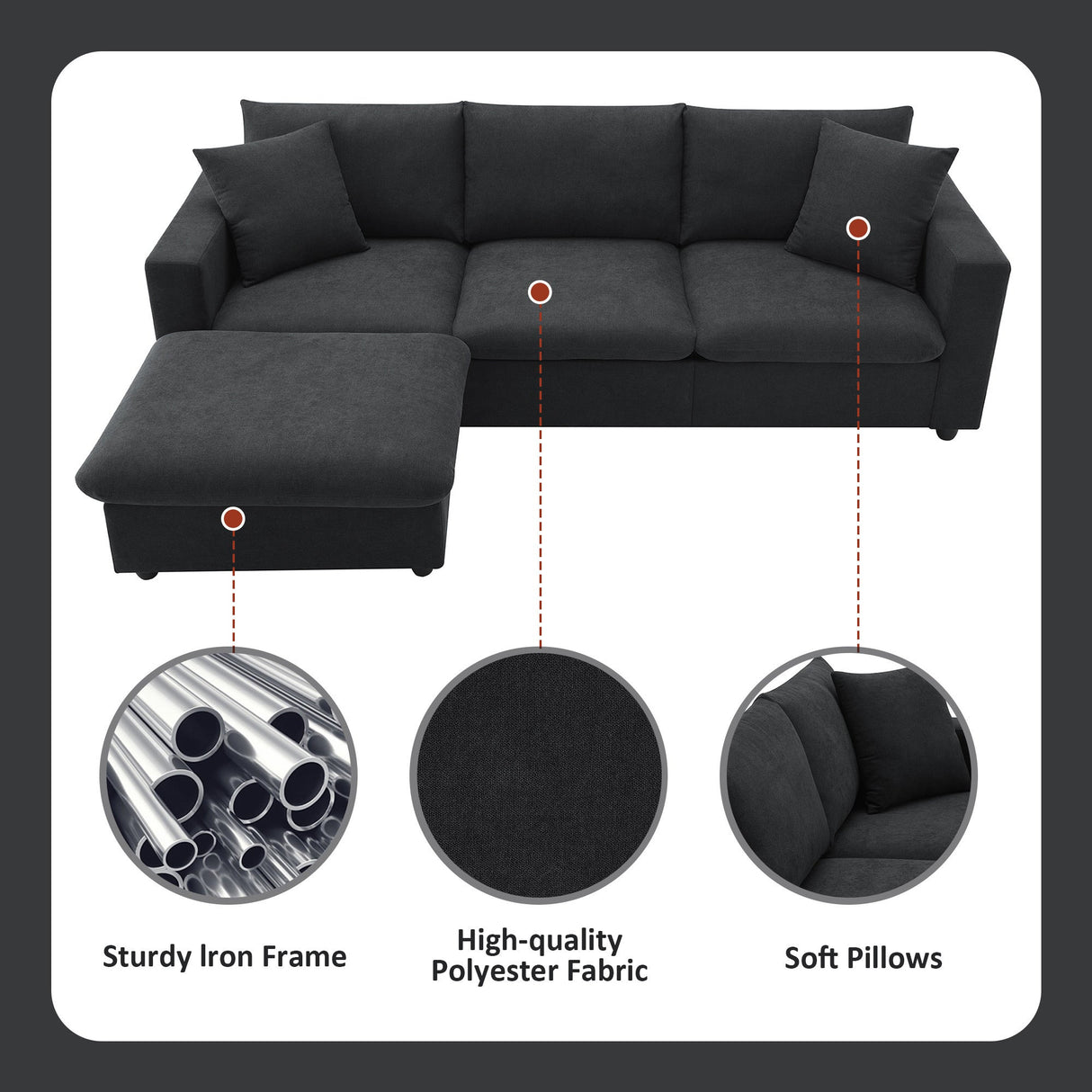 Chenille Black Modern L-shape Sectional Sofa Ottoman-sofa-Parc Decor