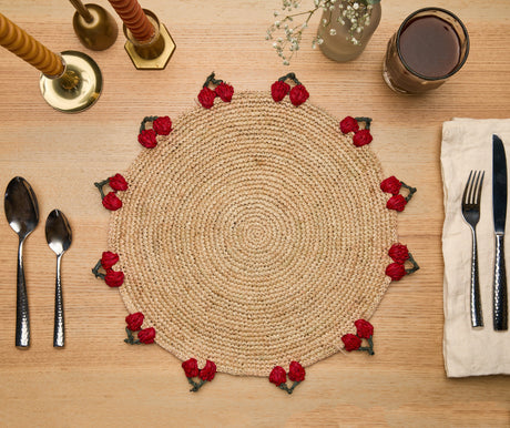 Cherry Scalloped Edge Placemat – 14” Hand-Crocheted Raffia – Artisan Summer Table Decor – Coastal & Boho Dining-table tops-Parc Decor