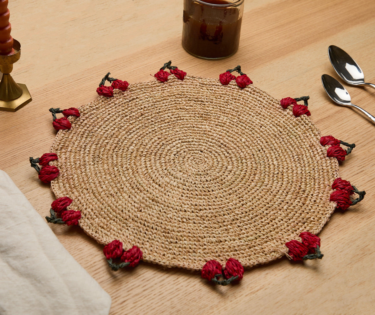 Cherry Scalloped Edge Placemat – 14” Hand-Crocheted Raffia – Artisan Summer Table Decor – Coastal & Boho Dining-table tops-Parc Decor