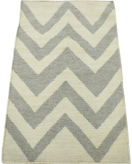 Chevron Pattern Gray and Beige Dhurrie Rug