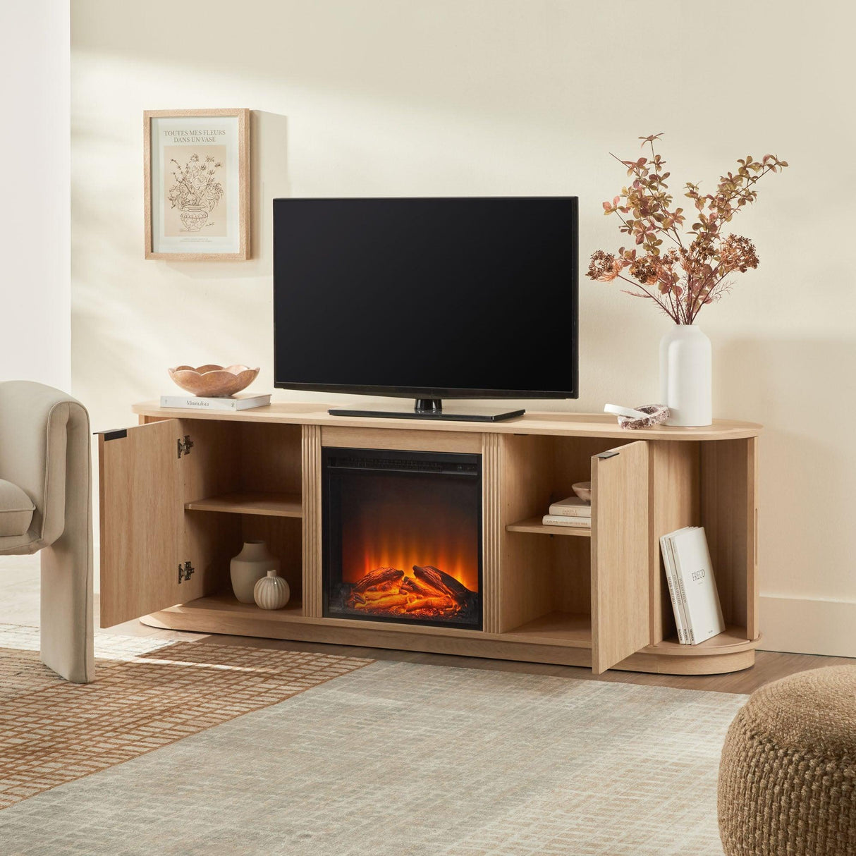 Chloe Modern Scandinavian Reeded Fireplace TV Stand in 2 Sizes