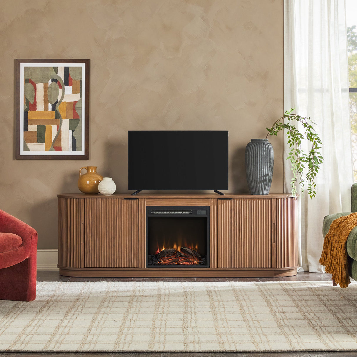 Chloe Modern Scandinavian Reeded Fireplace TV Stand in 2 Sizes-Fireplace-Parc Decor