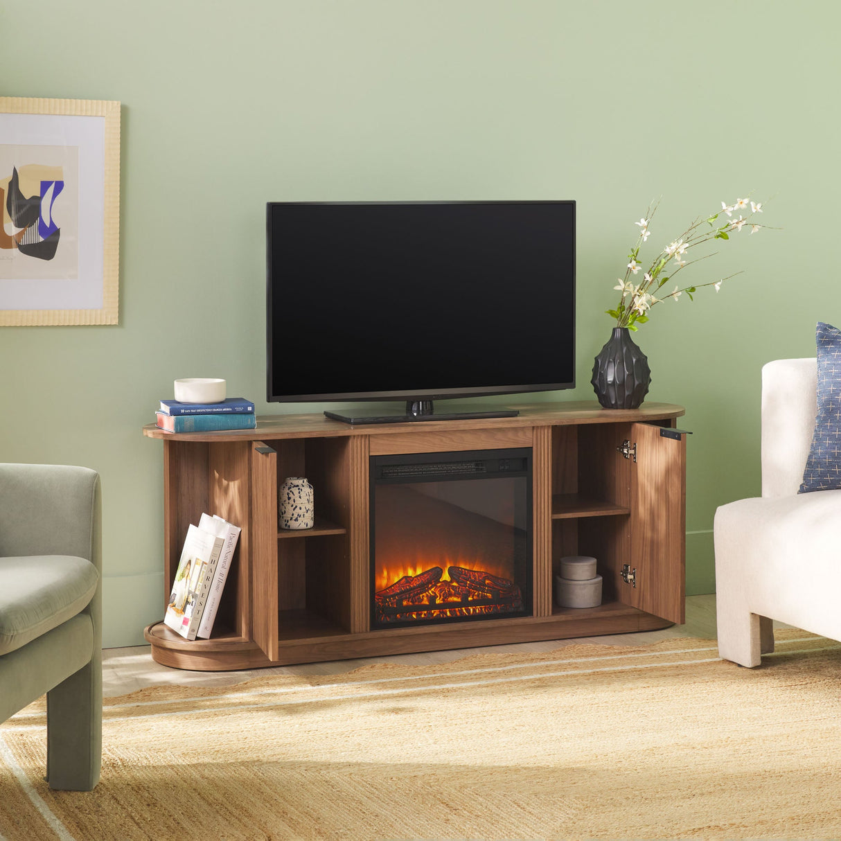 Chloe Modern Scandinavian Reeded Fireplace TV Stand in 2 Sizes-Fireplace-Parc Decor