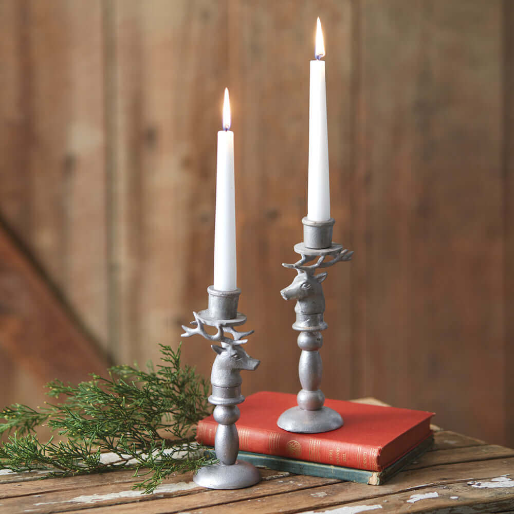 Christmas Reindeer Taper Candle Holders in Metal (Set of 2)-Candleholder-Parc Decor