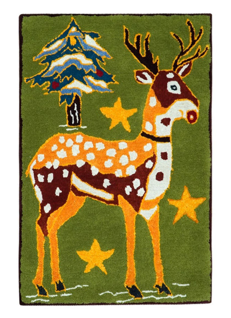 Christmas Rug 2x3 Green and Gold Reindeer Rug for Kids room decor, Playful Kids Rug-Area Rug-Parc Decor