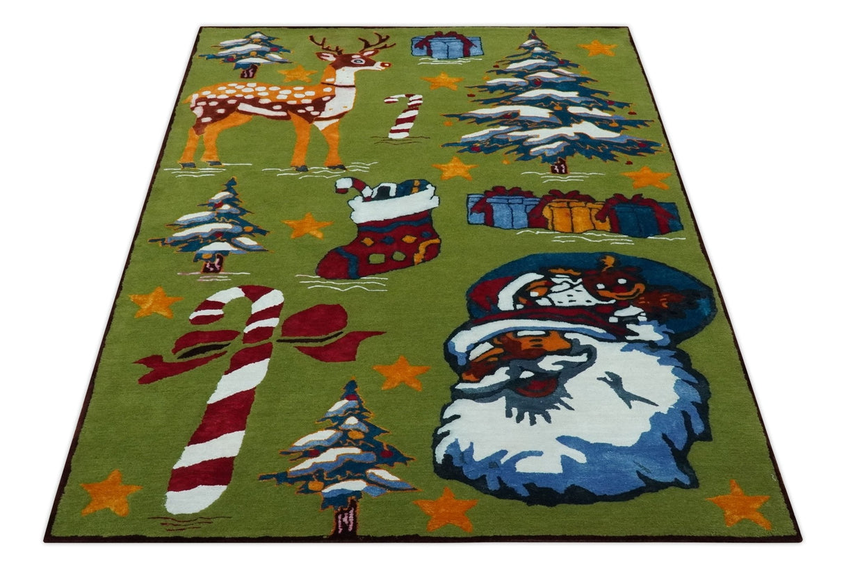 Christmas Rug 5x8 Colorful Santa, Reindeer and Candy Cane Green for kids room-Area Rug-Parc Decor