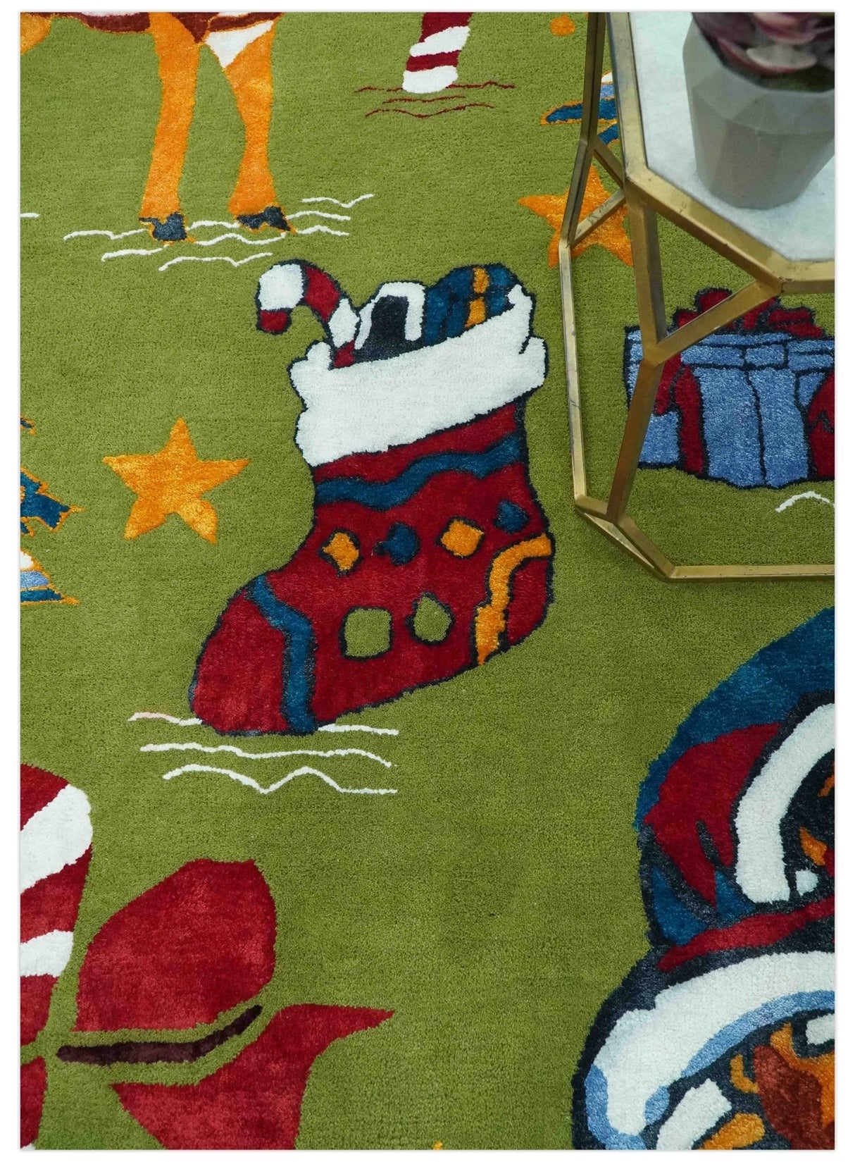 Christmas Rug 5x8 Colorful Santa, Reindeer and Candy Cane Green for kids room-Area Rug-Parc Decor