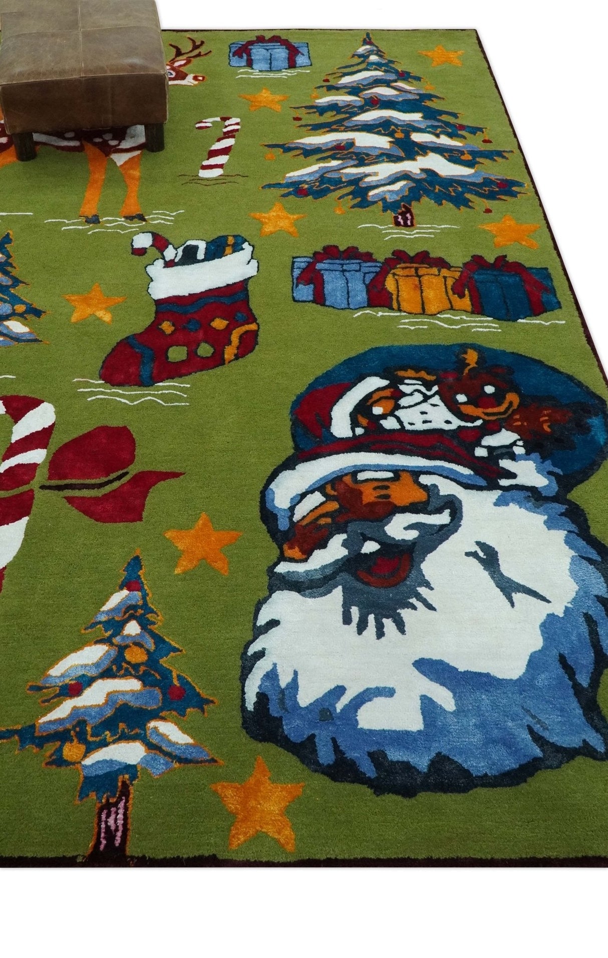 Christmas Rug 5x8 Colorful Santa, Reindeer and Candy Cane Green for kids room-Area Rug-Parc Decor