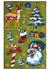 Christmas Rug 5x8 Colorful Santa, Reindeer and Candy Cane Green for kids room-Area Rug-Parc Decor