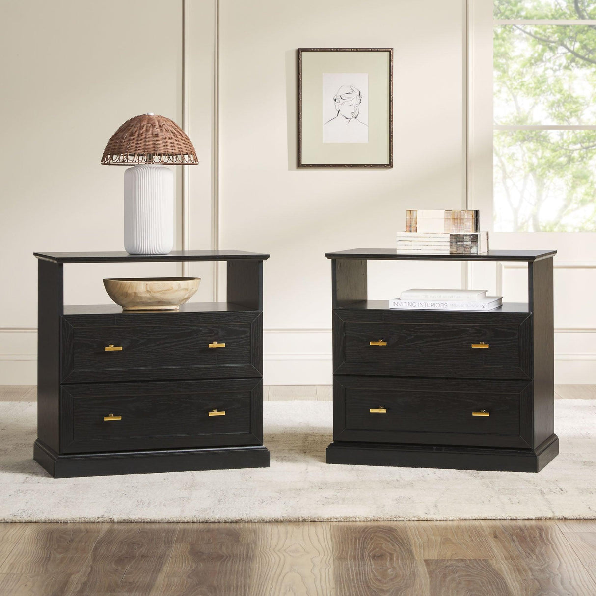 Mesita de noche/mesa auxiliar clásica de dos cajones Clyde
