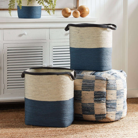 Coastal Blue and Natural Woven Storage Baskets with Handles (Set of 2)-Storage Baskets-Parc Decor