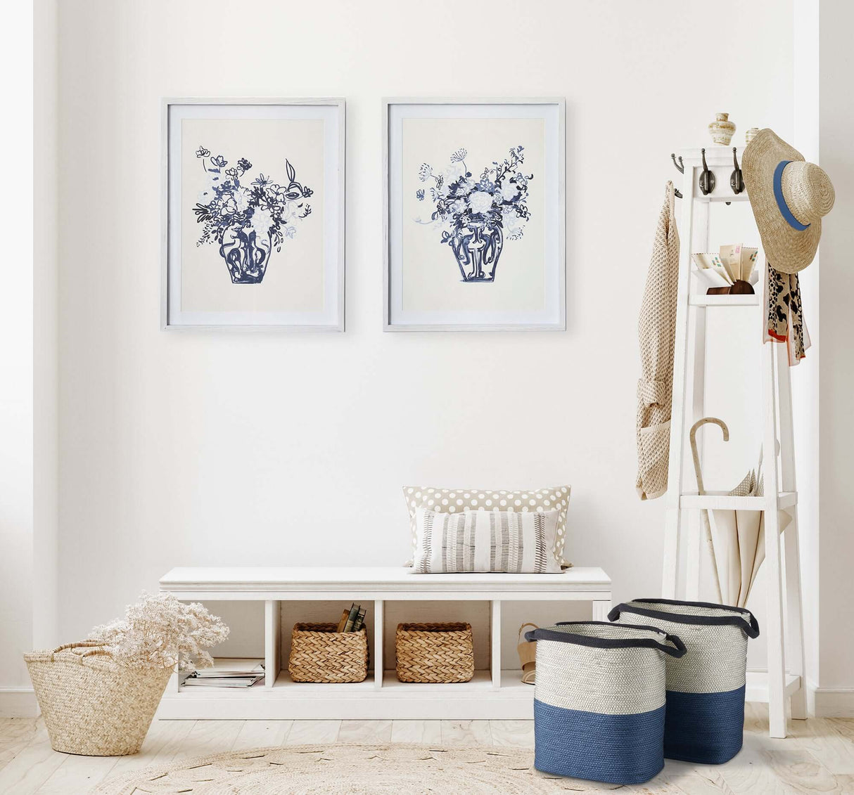 Coastal Blue and Natural Woven Storage Baskets with Handles (Set of 2)-Storage Baskets-Parc Decor