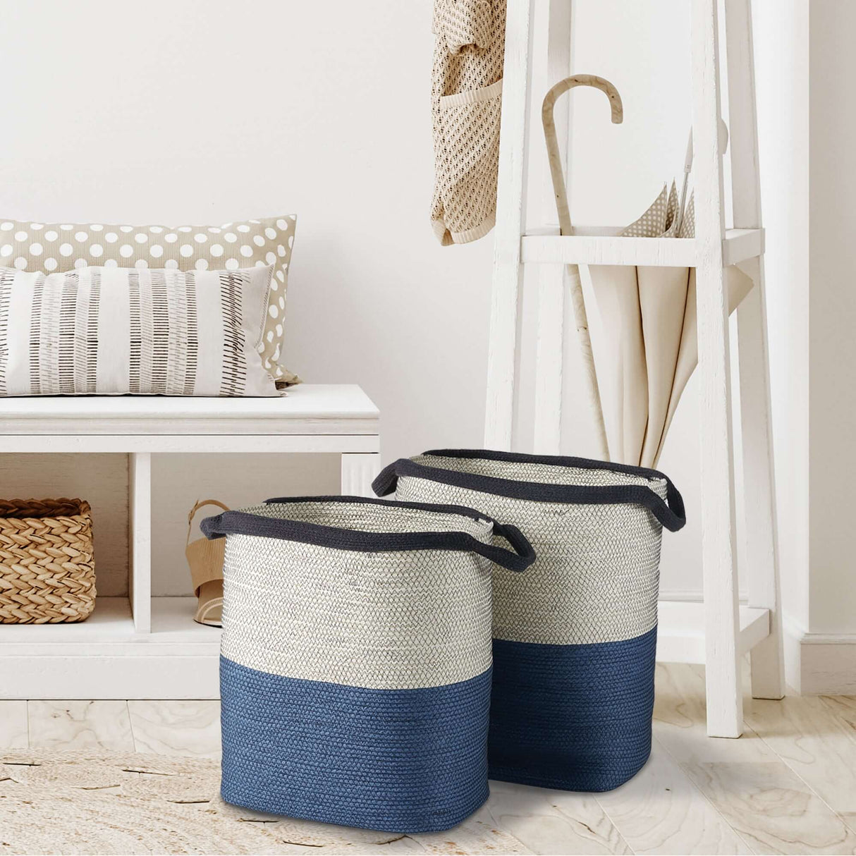 Coastal Blue and Natural Woven Storage Baskets with Handles (Set of 2)-Storage Baskets-Parc Decor