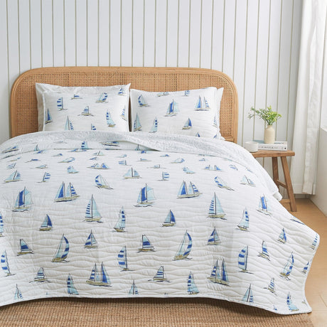 Coastal Blue Sailboat Quilt Set - Marzano Collection-Quilts & Comforters-Parc Decor