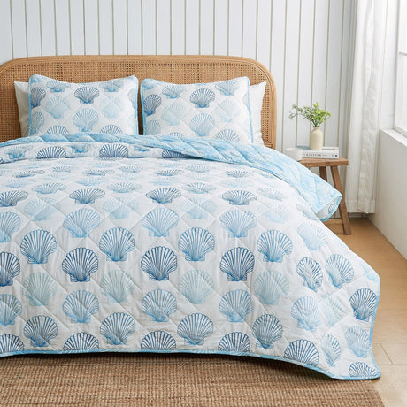 Coastal Blue Seashell Quilt Set - Cersi Collection-Quilts & Comforters-Parc Decor