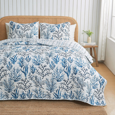 Coastal Navy Coral Quilt Set - Saelia Collection-Quilts & Comforters-Parc Decor