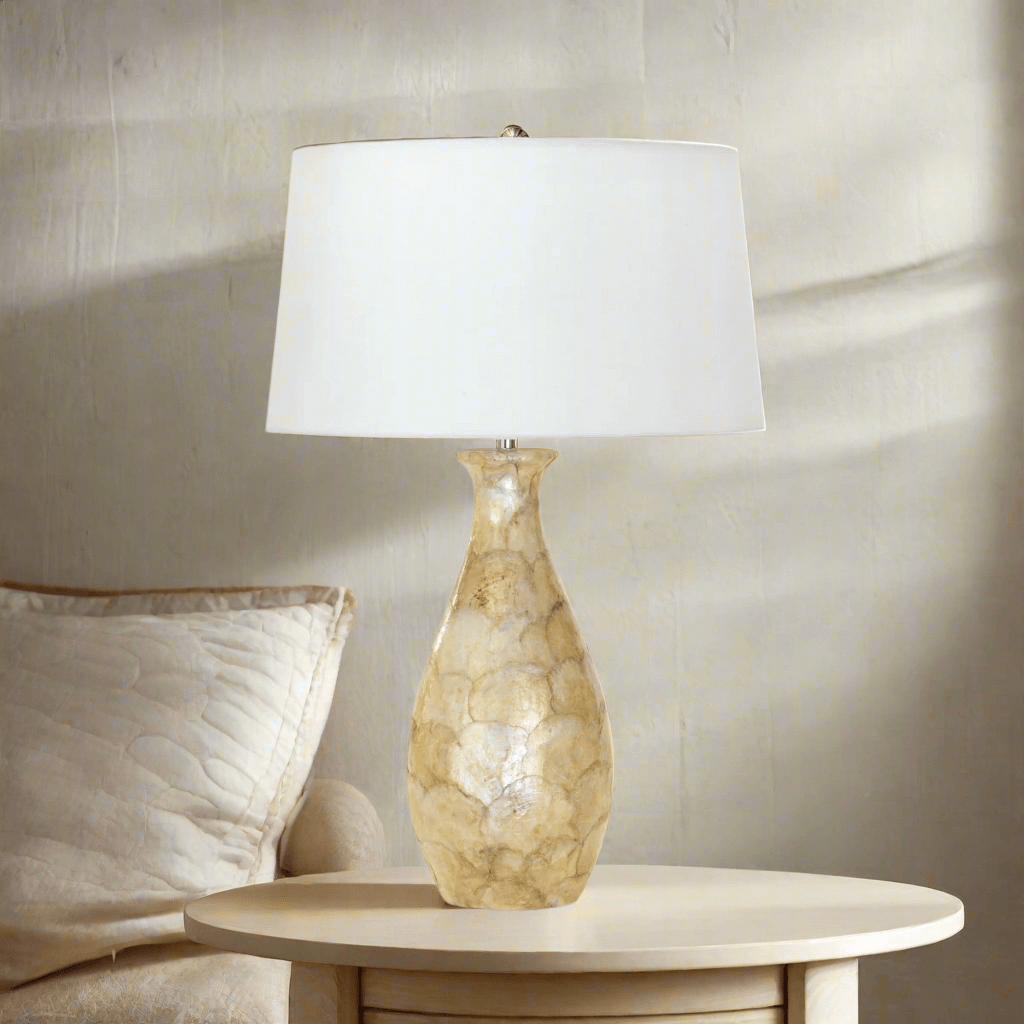 Coastal Pearl Capiz Shell Table Lamp with Linen Shade-table lamp-Parc Decor