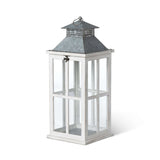 Coastal Whitewash Wood and Glass Lantern with Galvanized Metal Top-Lantern-Parc Decor