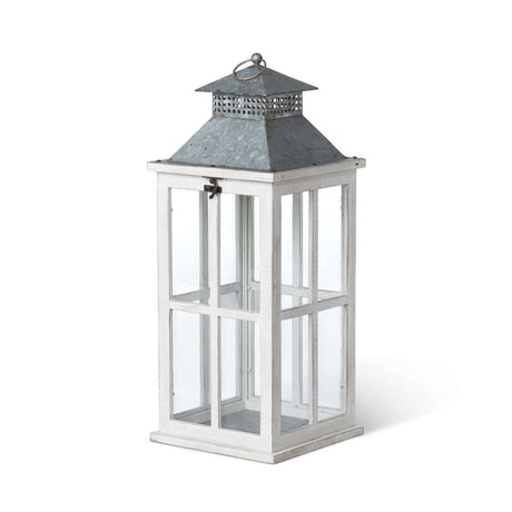 Coastal Whitewash Wood and Glass Lantern with Galvanized Metal Top-Lantern-Parc Decor