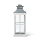 Coastal Whitewash Wood and Glass Lantern with Galvanized Metal Top-Lantern-Parc Decor