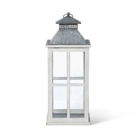 Coastal Whitewash Wood and Glass Lantern with Galvanized Metal Top-Lantern-Parc Decor