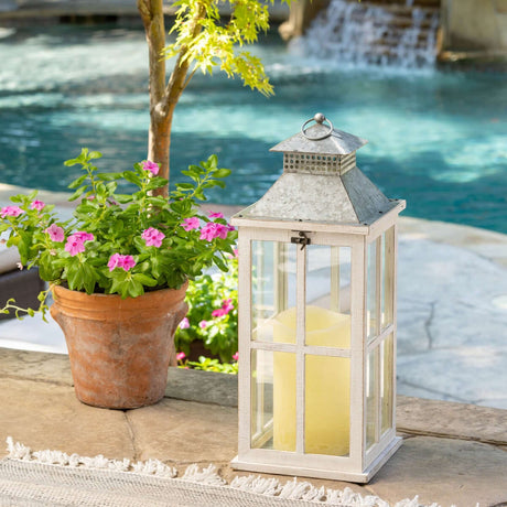 Coastal Whitewash Wood and Glass Lantern with Galvanized Metal Top-Lantern-Parc Decor
