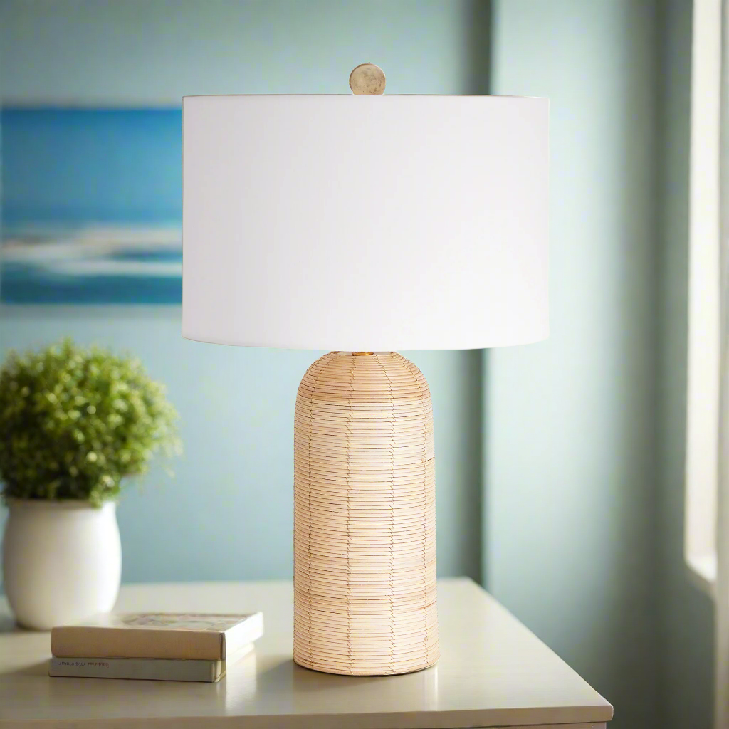 Coastal Woven Rattan Table Lamp with White Drum Shade-table lamp-Parc Decor