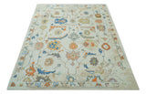 Colorful Ivory, Blue, Orange and Olive Hand Knotted Traditional Oriental Oushak Custom Made wool area Rug