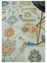 Colorful Ivory, Blue, Orange and Olive Hand Knotted Traditional Oriental Oushak Custom Made wool area Rug