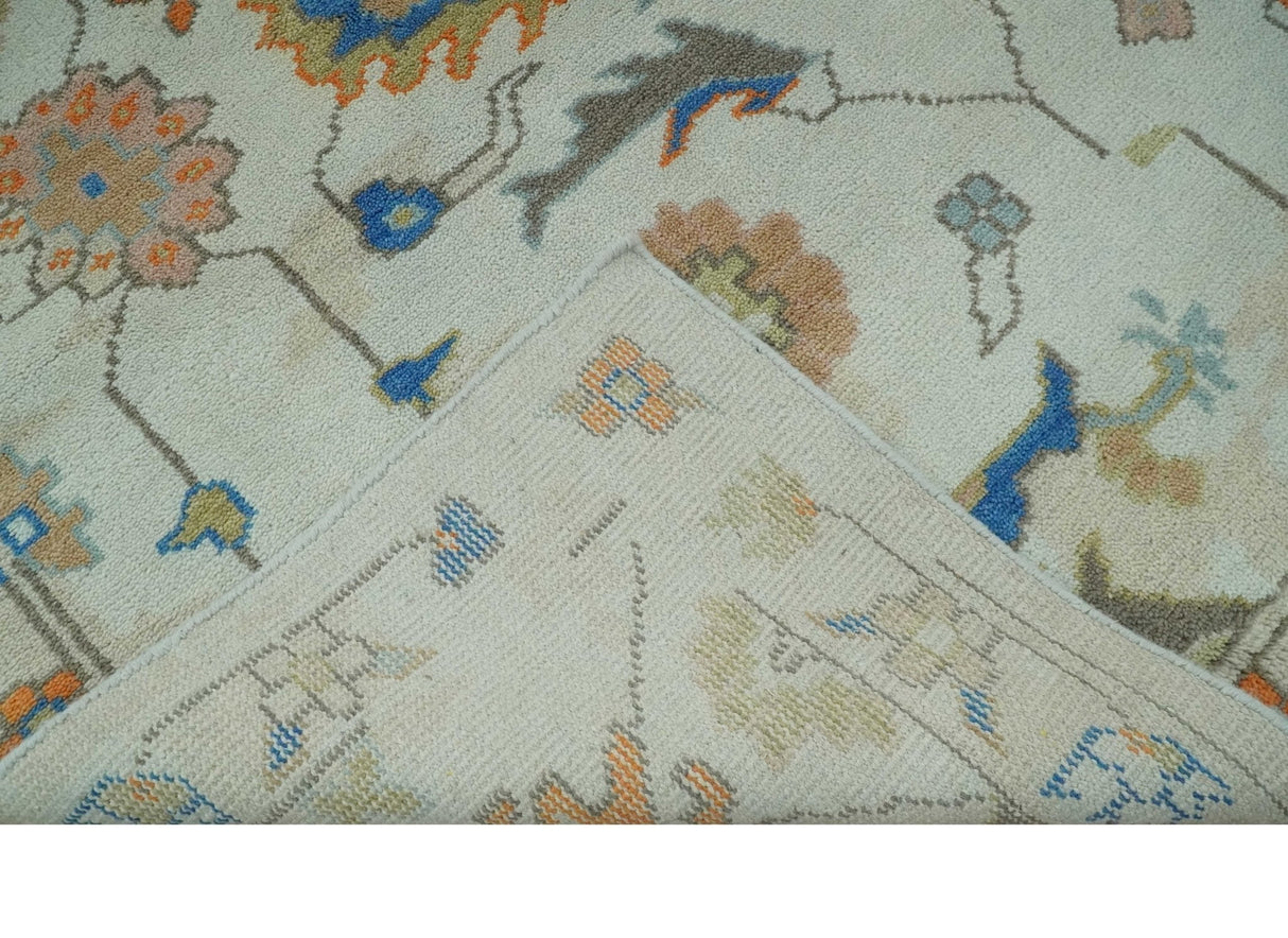 Colorful Ivory, Blue, Orange and Olive Hand Knotted Traditional Oriental Oushak Custom Made wool area Rug