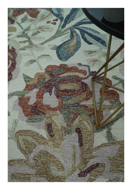 Colorful Ivory, Olive and Brown 8x10 Floral Design Hand Tufted wool Rug