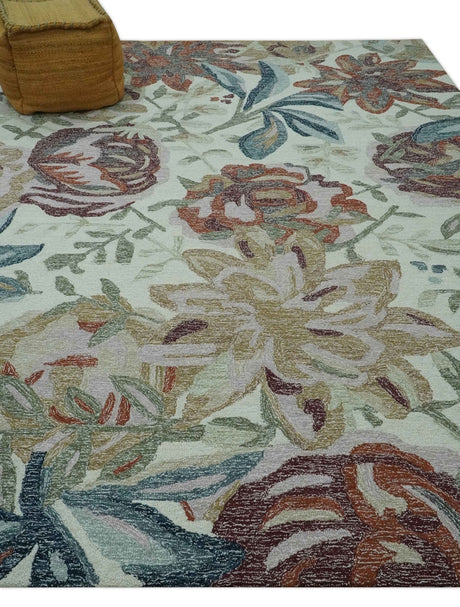 Colorful Ivory, Olive and Brown 8x10 Floral Design Hand Tufted wool Rug