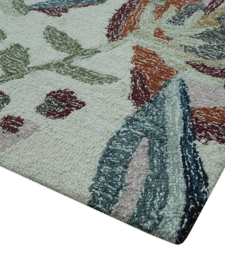 Colorful Ivory, Olive and Brown 8x10 Floral Design Hand Tufted wool Rug