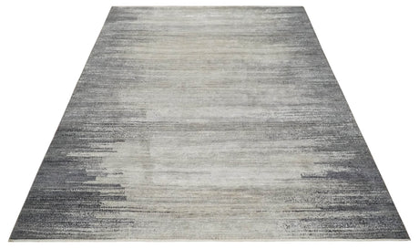 Contemporary Abstract 9x12 Hand Knotted Silver and Charcoal Wool and Bamboo Silk Area Rug