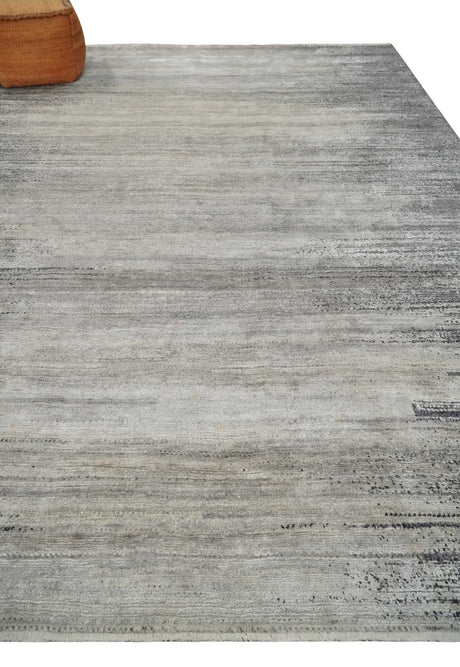 Contemporary Abstract 9x12 Hand Knotted Silver and Charcoal Wool and Bamboo Silk Area Rug