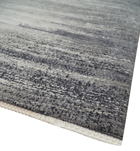 Contemporary Abstract 9x12 Hand Knotted Silver and Charcoal Wool and Bamboo Silk Area Rug
